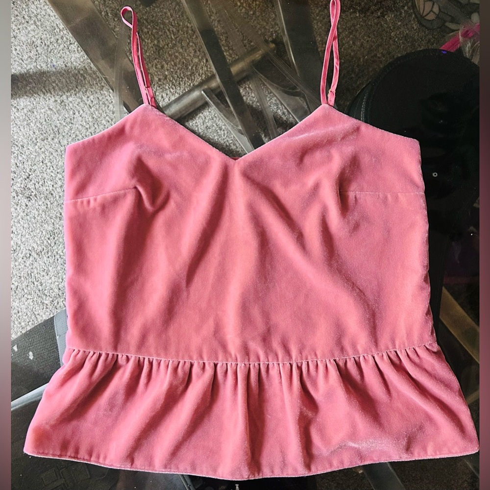 J Crew Pink Velvet Spaghetti Strapped Peplum Top